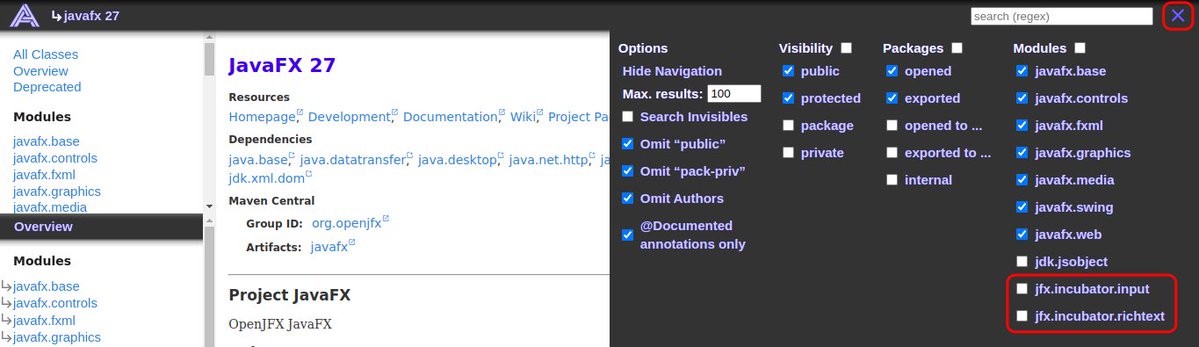 apidia_net's tweet photo. JavaFX 27 API documentation is available on APIdia now! (Link in the comments.)
Keep in mind that incubator modules are hidden by default. To browse them, adjust visibility settings like shown in the screenshot.
#javafx #javafx27 #java #javadoc #apidia #jvm https://t.co/uUW4GU9GJ5