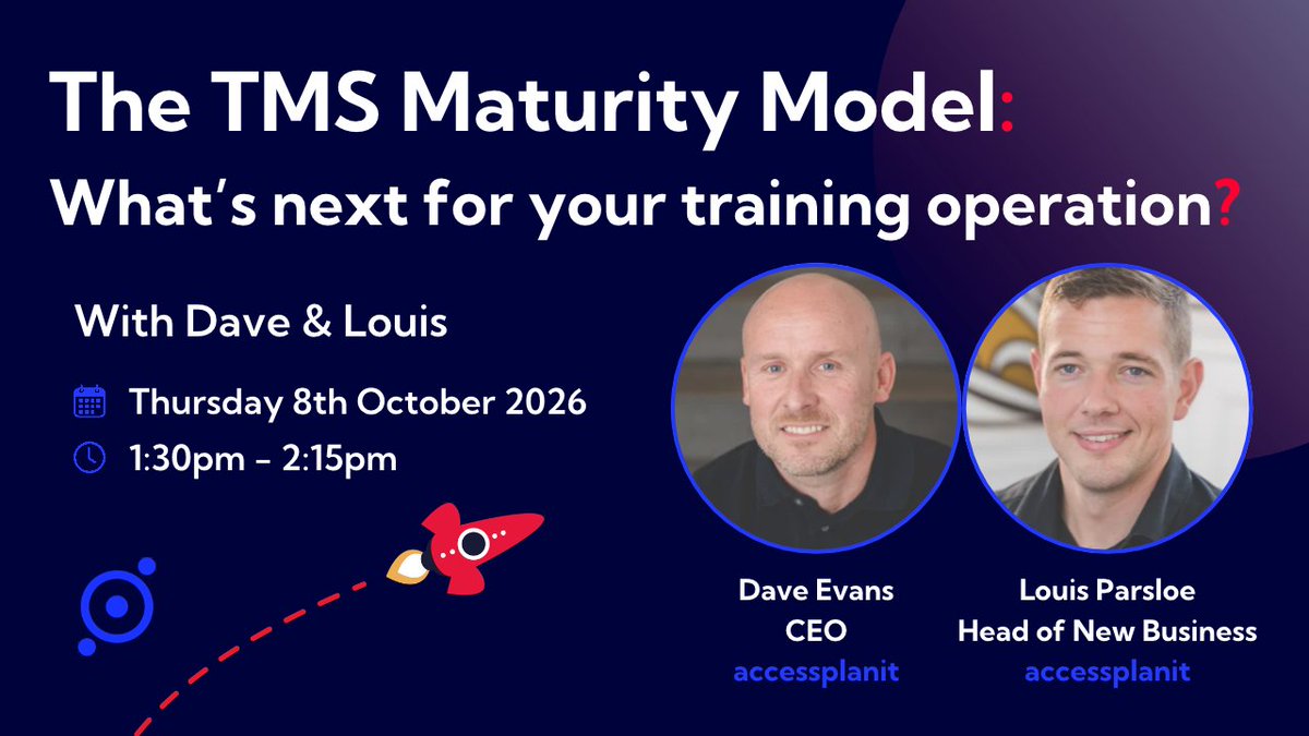 accessplanit's tweet photo. Join accessplanit CEO Dave Evans and Head of New Business Louis Parsloe as they introduce our TMS Maturity Model: a five-stage framework developed from more than 20 years of working with training providers.

📅 8th Oct
⏰ 1:30–2:15pm
🎟️ Reserve your place: https://t.co/QeCZnbmJOR https://t.co/xxFUzF4P8X