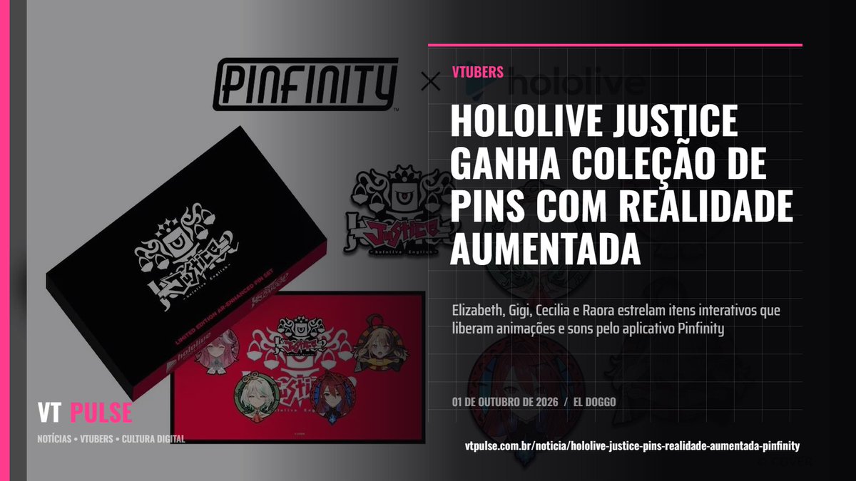 vt_pelomundo's tweet photo. A hololive English -Justice- ganhou uma coleção oficial de pins que combina itens físicos e realidade aumentada. A parceria com a Pinfinity traz modelos individuais de Elizabeth Rose Bloodflame, Gigi Murin, Cecilia Immergreen e Raora Panthera. https://t.co/6VIlU5t6se