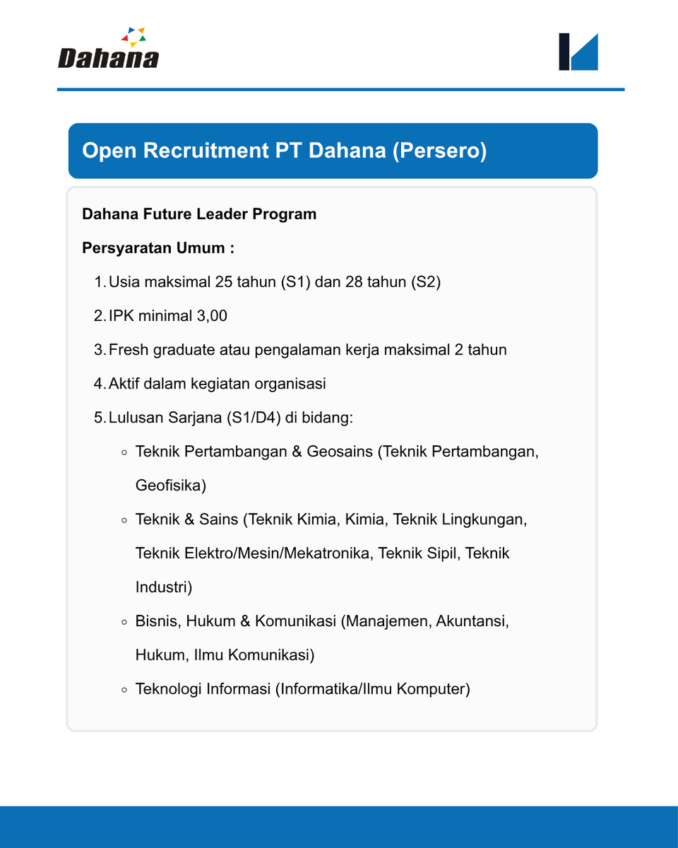 Lokernas_com's tweet photo. 📢 Open Recruitment PT Dahana (Persero)

💼Posisi : Dahana Future Leader Program
🎓Kualifikasi : Minimal S1/D4
🗓️Batas Akhir Pendaftaran : 10 Oktober 2026

Info lengkap pendaftaran : https://t.co/x6d9Sp7e9Q https://t.co/QWspBcAKC6