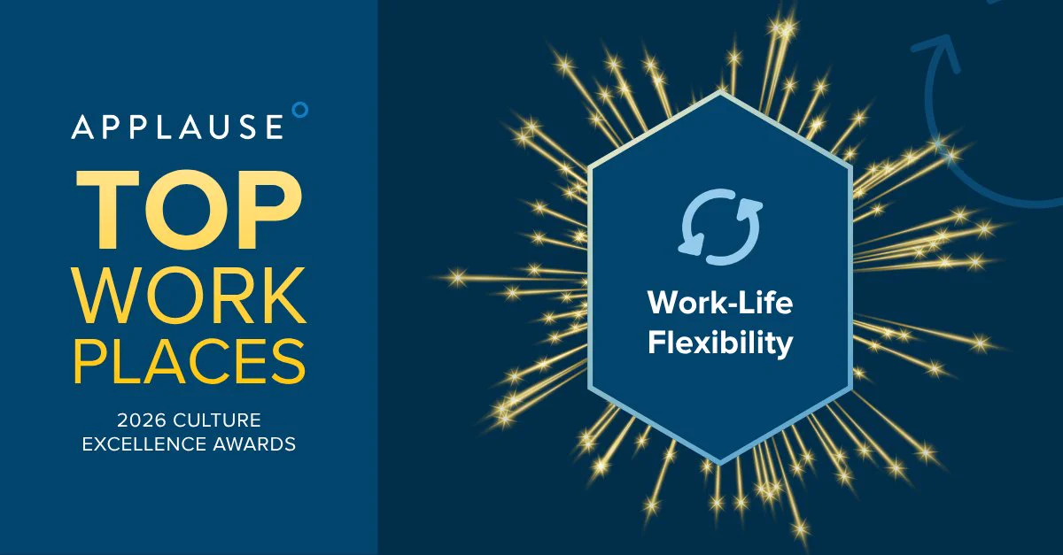 Applause Top Workplaces 2026 Culture Excellence Awards badge featuring "Work-Life Flexibility" with a circular arrow icon. Radiating sparkles surround the badge.