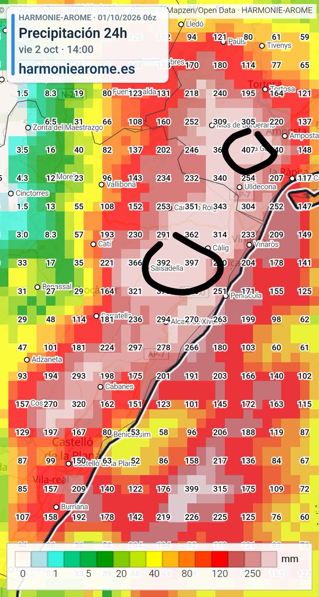globerourdiales's tweet photo. 🚨⛈️Actualización. pasada 06Z del Harmonie-Arome...picos de 400 mm en las siguientes 24 horas en puntos del prelitoral de Castellón. 250 mm en el mismo litoral. 160 mm en zonas de prelitoral de Valencia https://t.co/qHcDQSX1Xf