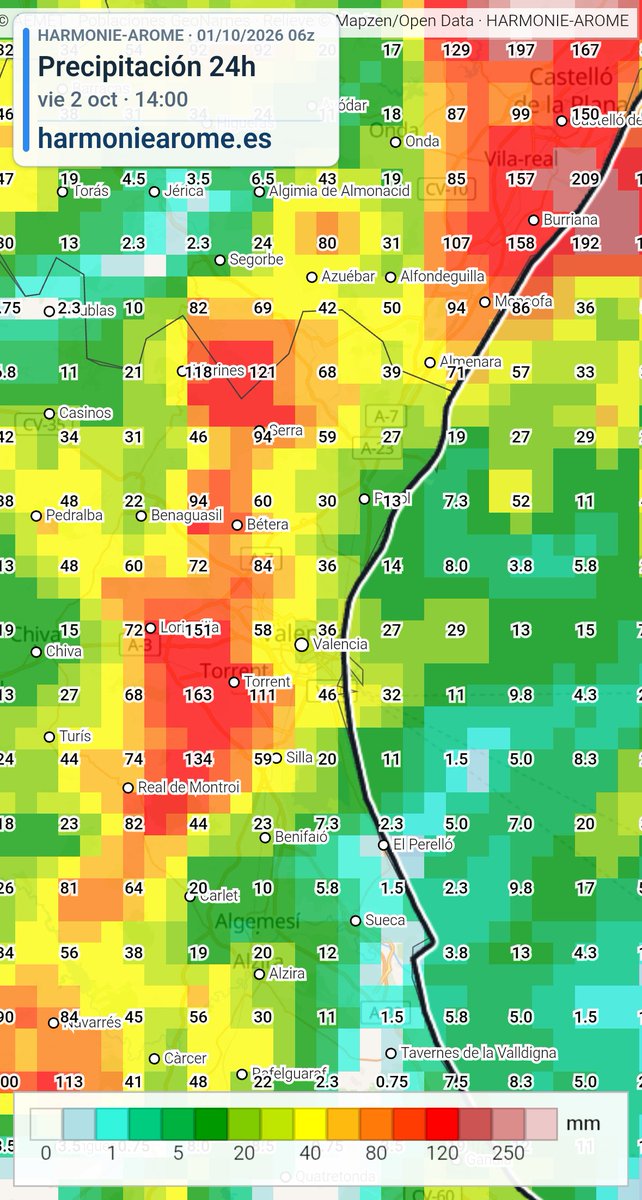 globerourdiales's tweet photo. 🚨⛈️Actualización. pasada 06Z del Harmonie-Arome...picos de 400 mm en las siguientes 24 horas en puntos del prelitoral de Castellón. 250 mm en el mismo litoral. 160 mm en zonas de prelitoral de Valencia https://t.co/qHcDQSX1Xf