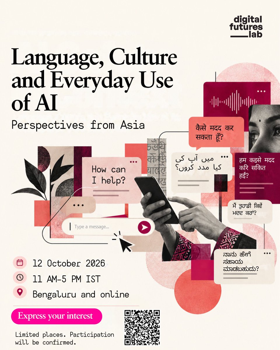 DigiFuturesLab's tweet photo. Digital Futures Lab and @IEEESA are hosting a multistakeholder Consultation on ‘Language, Culture and Everyday Use of AI: Perspectives from Asia’. We invite expressions of interest from researchers and developers in Central and South Asia.

Register here: https://t.co/1oNrYA3wYp https://t.co/AB0w2DQwk5