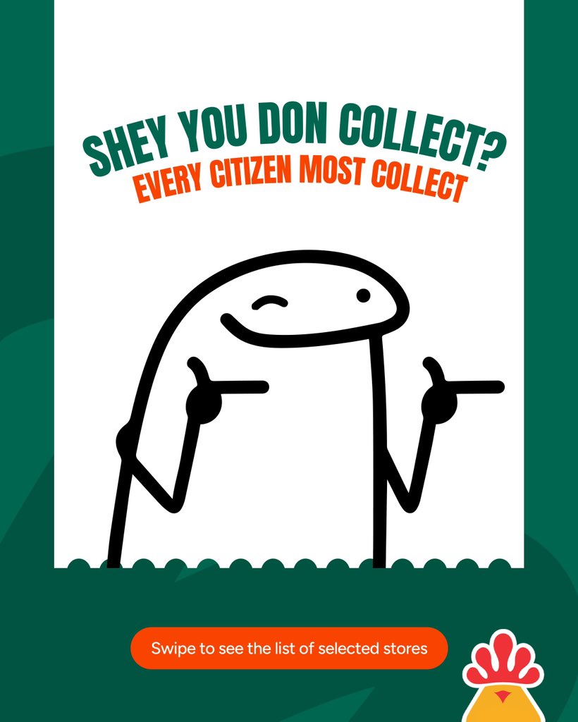 ChickenRepublic's tweet photo. Shey you don collect?😌
Swipe to see the stores near you. 👉🏾

Every Citizen Must Collect is back!

Collect via https://t.co/fawwGR5YrW or walk in any of the selected stores now.😉

#ChickenRepublic  #NiceNice  #EveryCitizenMustCollect https://t.co/kAoi4newop