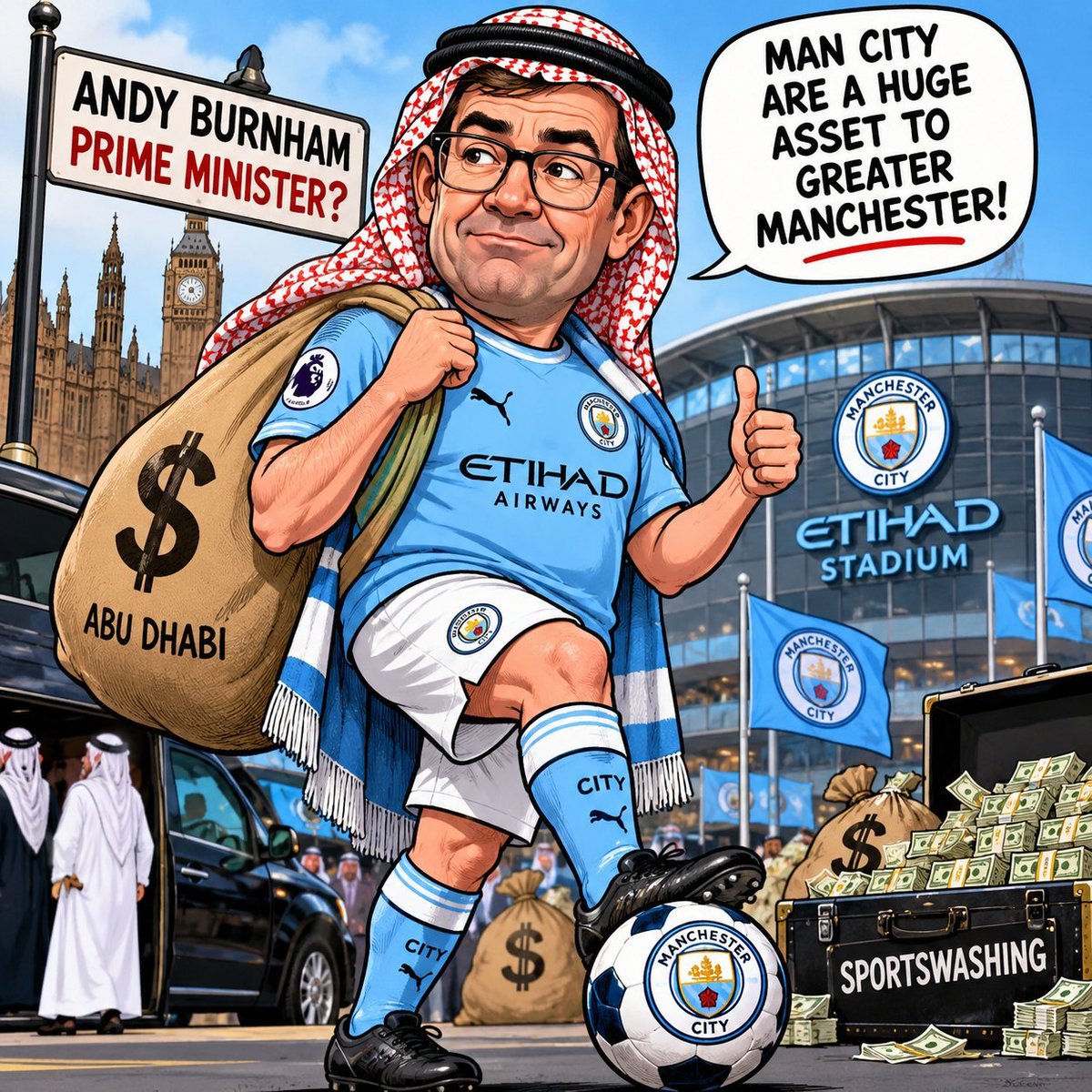 UtdRedsMarch's tweet photo. Andrew Murray Burnham, the hero of Abu Dhabi sponsered SHAMchester City 🩵 https://t.co/SK9vYWrGFJ