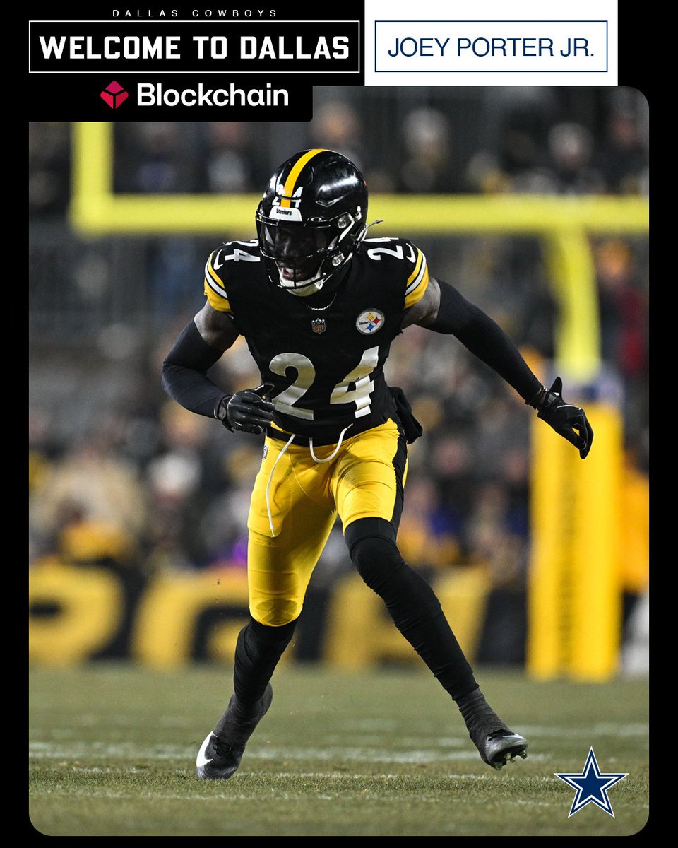 dallascowboys's tweet photo. Welcome to Dallas, JPJ 🤠

We have traded a 2027 6th-round pick &amp; a 2028 2nd-round pick to the Steelers for CB Joey Porter Jr. 

#DallasCowboys | @blockchain https://t.co/QO3iIZm4c9