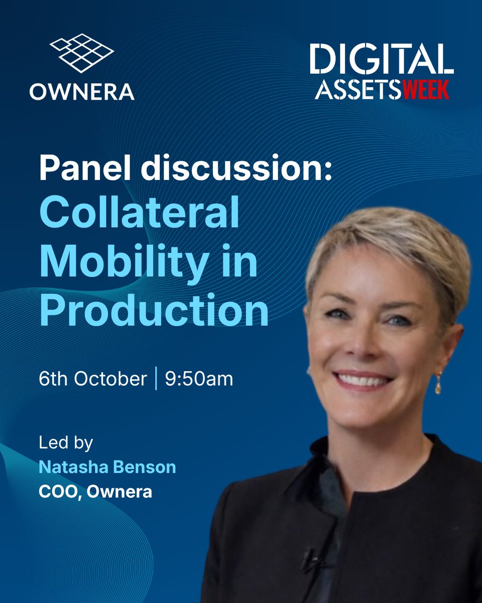 OwneraIO's tweet photo. Tokenization is entering its next phase, with firms across the industry focused on turning momentum into scalable market infrastructure.
 
We're excited to be attending Digital Assets Week 2026 in London on 6-7 October, where leaders from across financial services will come together to discuss the opportunities and challenges of adopting digital solutions on an institutional-level, focusing on how the industry moves from experimentation to implementation.

@NBenson8221 leading a panel on 6 October at 9:50am exploring the latest developments in collateral mobility and tokenized asset production. It by will be joined by experts from @BlackRock, @BNYglobal, @EuroclearGroup and @StateStreet.

Anthony Woolley, alongside Aude Gallais from @zodia_solutions, will also moderate a senior leader roundtable discussing the systems that enable digital assets to seamlessly move from pilot to production at scale. Request to join the event on 6 October at 1:30pm here: https://t.co/PeqfUjVlWt
 
If you're attending the Digital Assets Week, we'd love to connect. Get in touch to arrange a meeting with the Ownera team at contact@ownera.io
