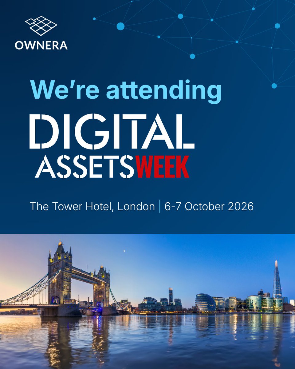 OwneraIO's tweet photo. Tokenization is entering its next phase, with firms across the industry focused on turning momentum into scalable market infrastructure.
 
We're excited to be attending Digital Assets Week 2026 in London on 6-7 October, where leaders from across financial services will come together to discuss the opportunities and challenges of adopting digital solutions on an institutional-level, focusing on how the industry moves from experimentation to implementation.

@NBenson8221 leading a panel on 6 October at 9:50am exploring the latest developments in collateral mobility and tokenized asset production. It by will be joined by experts from @BlackRock, @BNYglobal, @EuroclearGroup and @StateStreet.

Anthony Woolley, alongside Aude Gallais from @zodia_solutions, will also moderate a senior leader roundtable discussing the systems that enable digital assets to seamlessly move from pilot to production at scale. Request to join the event on 6 October at 1:30pm here: https://t.co/PeqfUjVlWt
 
If you're attending the Digital Assets Week, we'd love to connect. Get in touch to arrange a meeting with the Ownera team at contact@ownera.io