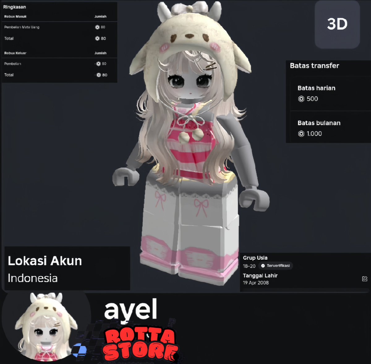 rovtta's tweet photo. wts acc roblox famele ִ ࣪✮🕷

𒁍 limit 500r/d 1000r/m
𒁍 age 18-20  (can reset)
𒁍 hold dari tanggal 1 okt
𒁍 datver emailku, bisa ce
𒁍 region indonesia
𒁍 price :: 17.000 nego
𒁍 good game : uncheck

#zonauang wts wtb account roblox🕷 https://t.co/QmDfapxZpX