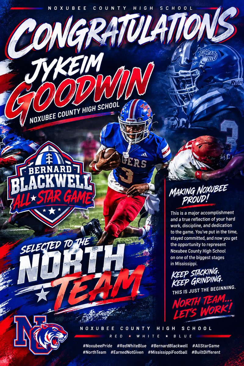 NoxubeeFB's tweet photo. We would like to congratulate our guy, Jykeim Goodwin, on being selected to the Bernard Blackwell All Star Game! 🫡🚨 He will be on Team North and they will play on December 19th, 2026 at Gulfport High School in Gulfport, MS!
@coachT_Young @jykeimgoodwin 
#AllStar #RoadtoSix https://t.co/aQGelyAISP