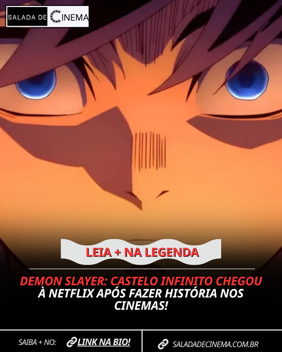 sdecinema's tweet photo. Após uma passagem gigantesca pelas telonas, Demon Slayer: Kimetsu no Yaiba – Castelo Infinito I já está disponível na Netflix Brasil.

O longa chegou ao catálogo em 28 de setembro, carregando números impressionantes. Sua bilheteria mundial ultrapassou a marca de US$ 793,5 milhões, consolidando a produção como um verdadeiro fenômeno entre os animes.

Com aproximadamente duas horas e meia de duração, o filme leva Tanjiro e os demais Caçadores de Demônios para uma das etapas mais aguardadas da história, dando início aos acontecimentos envolvendo o Castelo Infinito.

Agora, depois de conquistar os cinemas ao redor do mundo, a batalha ganha uma nova oportunidade de alcançar o público através do streaming.

E então, você já assistiu Demon Slayer: Castelo Infinito? De 0 a 10, qual nota você dá para o filme?

Confira aqui mais detalhes -> https://t.co/EOy6tmOopi

#demonslayer #kimetsunoyaiba #casteloinfinito #anime #netflix #netflixbrasil