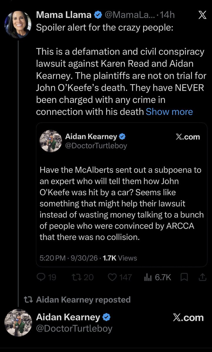 hungus14's tweet photo. Spoiler: The house defendants absolutely have to affirmatively prove they didn’t kill John O’Keefe. This is either as stupid as stupid gets, or this confirms their own conspiracy to coverup murder by defaming Karen and Aidan.
In fact, the McAlberts may already be in the “burden to disprove” stage at the moment. That happens first, followed by Aidan and Karen getting the opportunity (pretrial, mind you) to prove that it’s more likely than not they didn’t kill JO. If after those two stages there’s no settlement, they go to trial.
Remember Depp v. Heard? Remember all the competing “experts?” Yeah, nothing has changed since then.
Conspiracy is only a crime or harm, if the underlying activity is (in this case) false. Think about what news media would look like if they could be sued for reporting factual information that relied on a source. Because that’s exactly what this is; a journalist with a source reporting a matter of serious public interest. Grave public interest.
If the information has no credible foundation of what it’s reporting, then a conspiracy can be considered.
The very fact a dead Boston cop was found on the front yard of another Boston cop’s front yard, and only one of the two possible combination of perps was tried and found not guilty of the crime, twice, overcomes the defamation allegation by itself. The truth is an affirmative defense to every type of defamation claim.
In fact, I’ve been suspecting the McAlberts have been intentionally spreading disinformation that ignores what I just explained, not because they don’t understand it, but because if they were honest in their own conspiracy to defame allegations (FOURensic, Reynolds, Peter), nobody would have donated to them. Seriously. If the Foreskin podcast and whoever else is on the McAlbert payroll said, “please donate to help us pay for an expert to prove we didn’t do it,” you think anyone would pony up? Hell no.
Instead, they came out of the gate with an “assumptive” pitch, that made it sound like all they have to do is ask a judge to give them money, just like what this idiot Lama person is saying here.
Read her tweet. That could not be more wrong. It assumes the question of defamation is already proven. The McAlberts are public figures for the purpose of the JO trial, and the JO murder is a matter of public interest.
The McAlberts have to prove they didn’t do it. Thems the rules. And Jen directing her defame disinfo conspirators to use this specific pitch for donations and to defame, will make their failure much worse. Because they’re obviously hedging, and you can’t hedge forever.
Yesterday was the biggest day for every lawsuit filed by everyone. If Dildo the lawyer didn’t cough up a new expert for his frivolous case, the O’Keefes and McAlberts lose, and Karen and Aidan wins. All of it. Everything.
Congratulations Aidan and Karen.
And let’s get busy indicting the McAlberts.