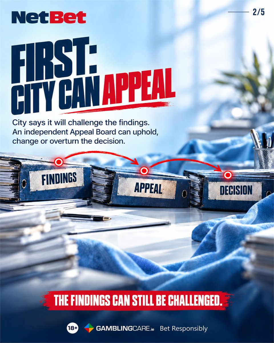 NetBet_IRL's tweet photo. What should happen to Manchester City?

114 breaches reportedly upheld, attention turns to the punishment.

We’ve broken down what’s decided and what’s not. Who do you support?

#ManchesterCity #PremierLeague #IrishFootballFans #FootballDebate #NetBet https://t.co/s2DDZy98fg