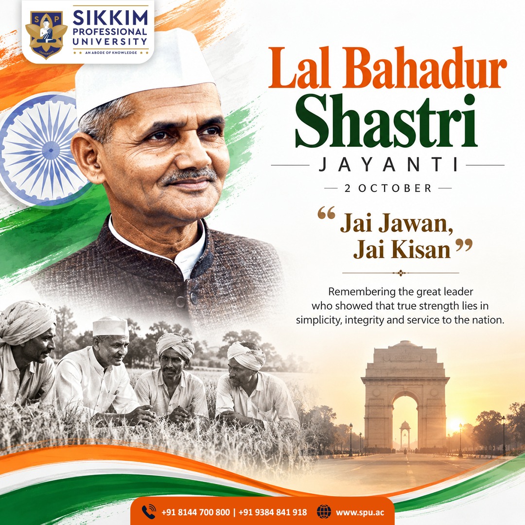 SPUSikkim's tweet photo. 🇮🇳 Remembering Lal Bahadur Shastri Ji on his birth anniversary. His simplicity, integrity and dedication to the nation continue to inspire generations.

Jai Jawan, Jai Kisan! 🌾🪖

#LalBahadurShastri #ShastriJayanti #JaiJawanJaiKisan #SPUGangtok #SikkimProfessionalUniversity https://t.co/ELqIQtY05P