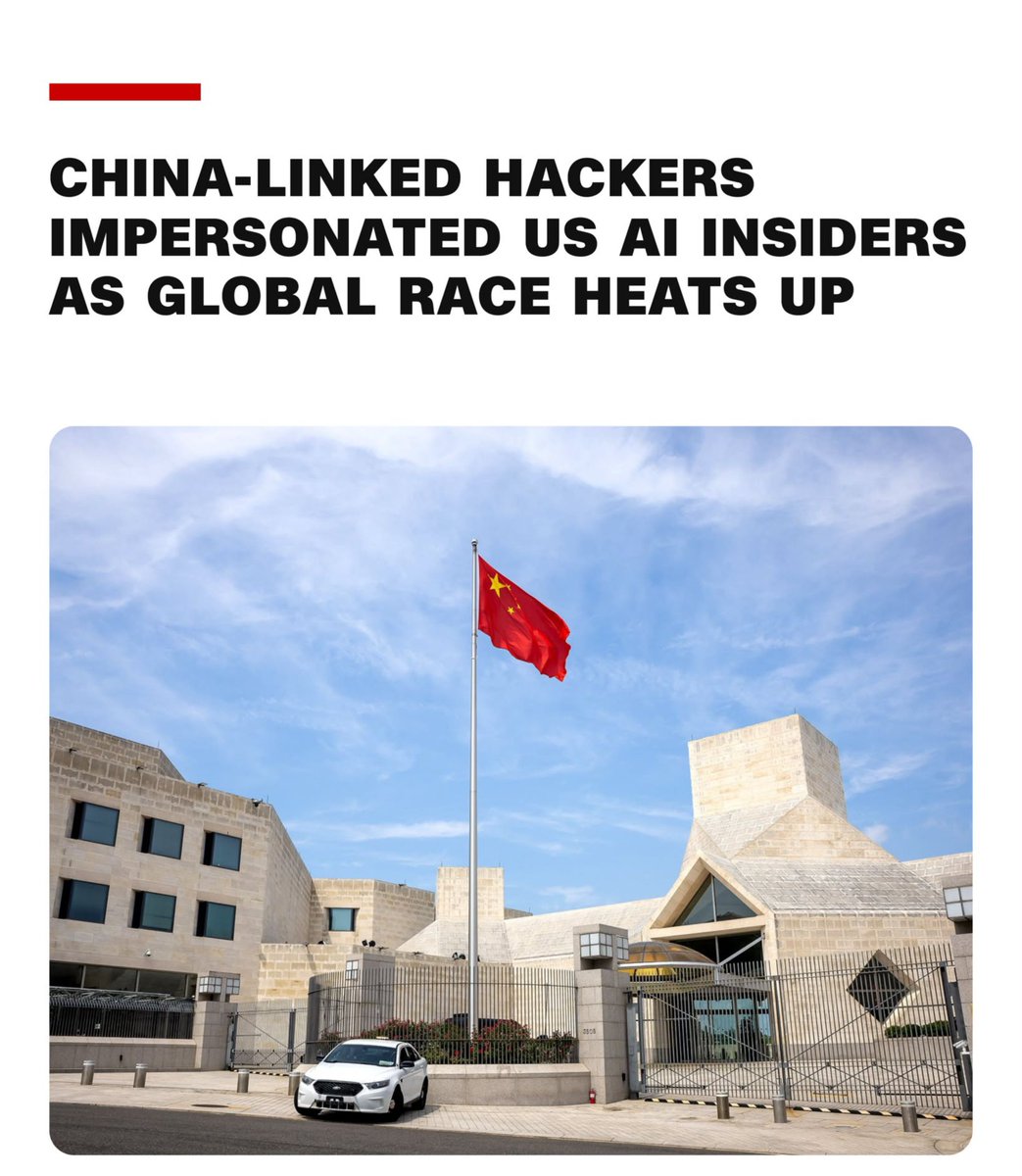 TrumpUpdatbtX's tweet photo. 🚨 Chinese Hackers Target U.S. AI Secrets

Suspected Chinese hackers allegedly impersonated an Anthropic employee and former U.S. officials in an espionage campaign targeting American AI developments, according to a U.S. cybersecurity firm. https://t.co/sFXab3inID