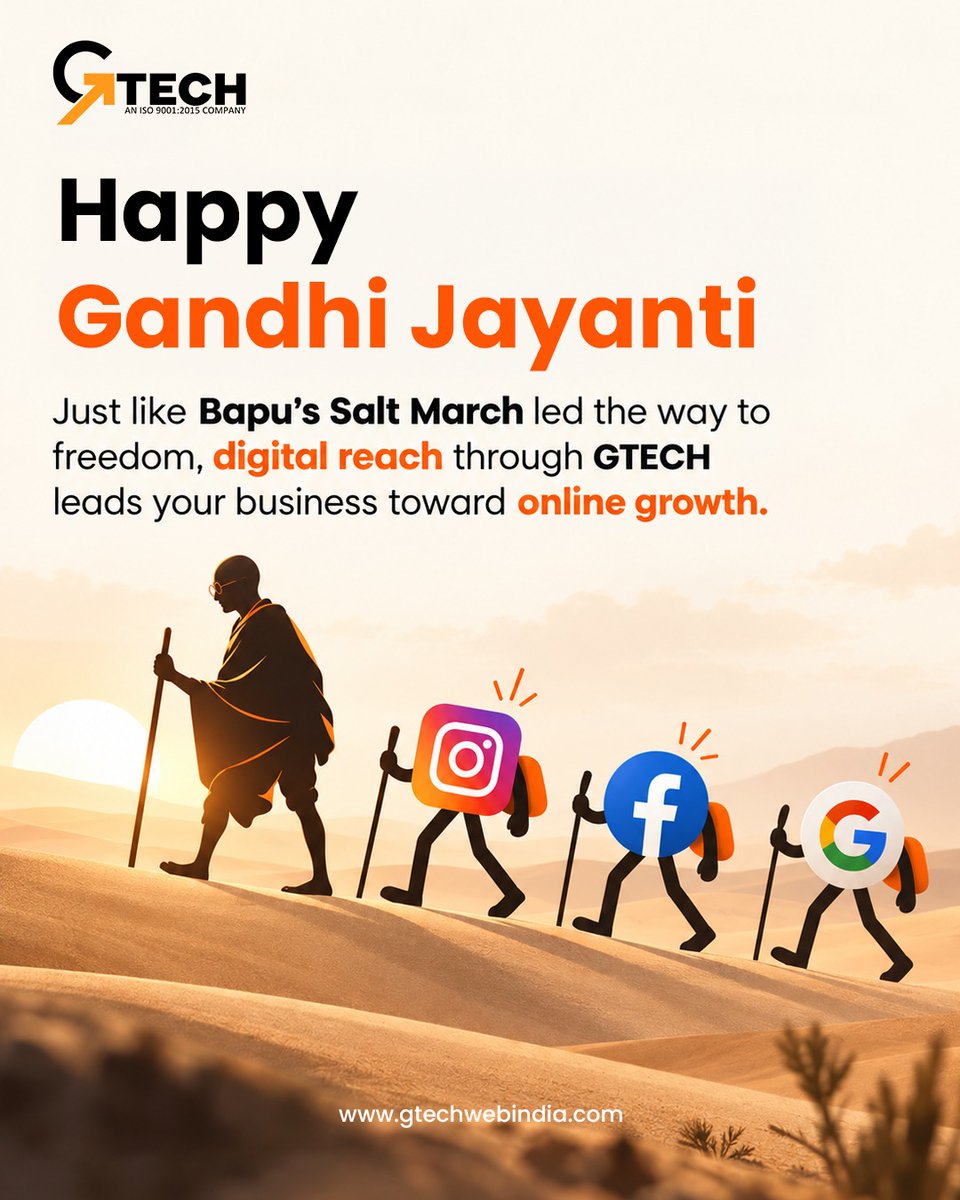 GtechWebIndia's tweet photo. Just as Bapu’s Salt March inspired a nation to move forward, GTECH helps businesses take the next step toward digital growth. 🚀

Happy Gandhi Jayanti! 🇮🇳

#GandhiJayanti #GTECHWebIndia #DigitalGrowth #DigitalMarketing #DigitalIndia https://t.co/YYAwTX9qP9