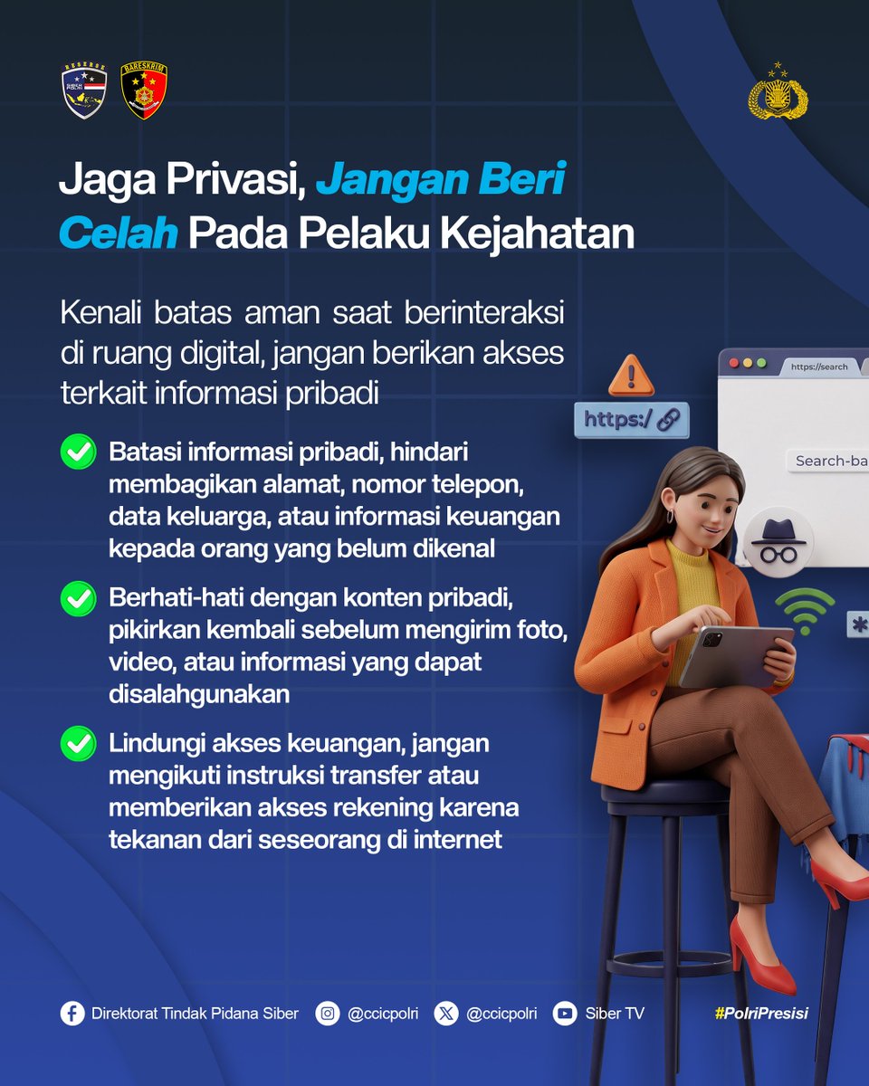 CCICPolri's tweet photo. Sextortion bukan sekadar penipuan biasa, tapi ancaman nyata yang bisa menghancurkan privasi dan keuangan Sobat Siber

Pelaku menggunakan taktik manipulatif untuk memeras korban demi keuntungan finansial

#PolriPresisi #SalamPresisi https://t.co/L90pBu2IQQ