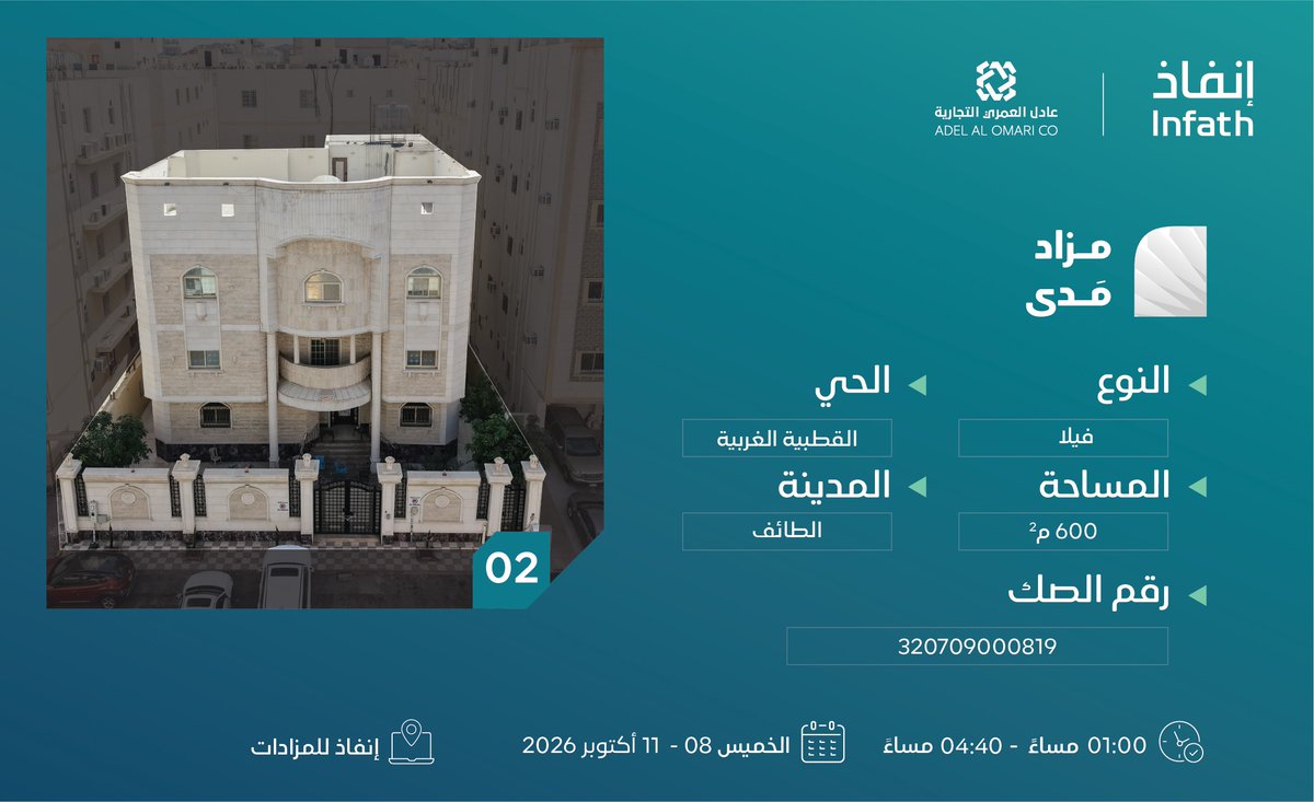 AdelAuctions's tweet photo. مزاد مَدى 

فيلا سكنية بحي القطبية الغربية بمدينة الطائف

إنفاذ للمزادات: https://t.co/bDGELbp6Oy

@infath_sa | @infathAuctions https://t.co/HnXlkODPCX
