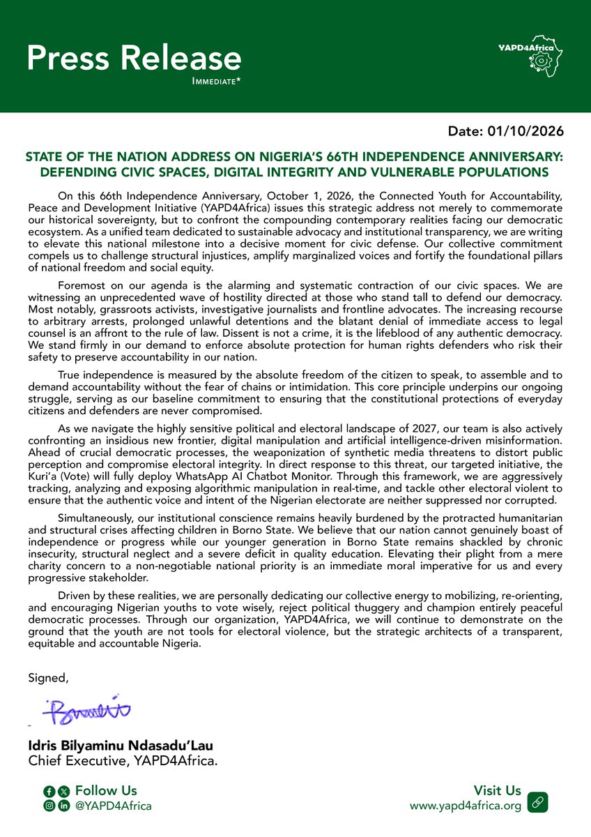 YAPD4Africa's tweet photo. #BringBornoChildrenHome safely before celebrating #NigeriaAt66 ✊

This is a decisive call to action to challenge structural injustices, protect frontline advocates and fiercely reclaim our democratic freedoms. 

Driven by these realities, we remain deeply committed. https://t.co/3G9GjLOIk7
