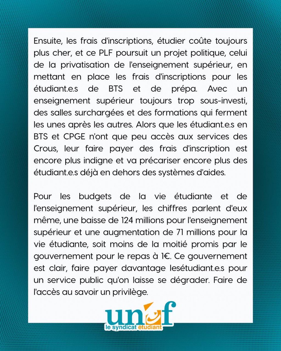 UNEF's tweet photo. Moins 124 millions pour l’enseignement supérieur, des APL gelées, les frais d’inscription en BTS et en prépa : ce budget organise la misère. Les facs et les lycées se mobilisent, et nous ne nous tairons pas. Tou•te•s dans la rue le 6 octobre !
1/2 https://t.co/ckiJvgzGG1