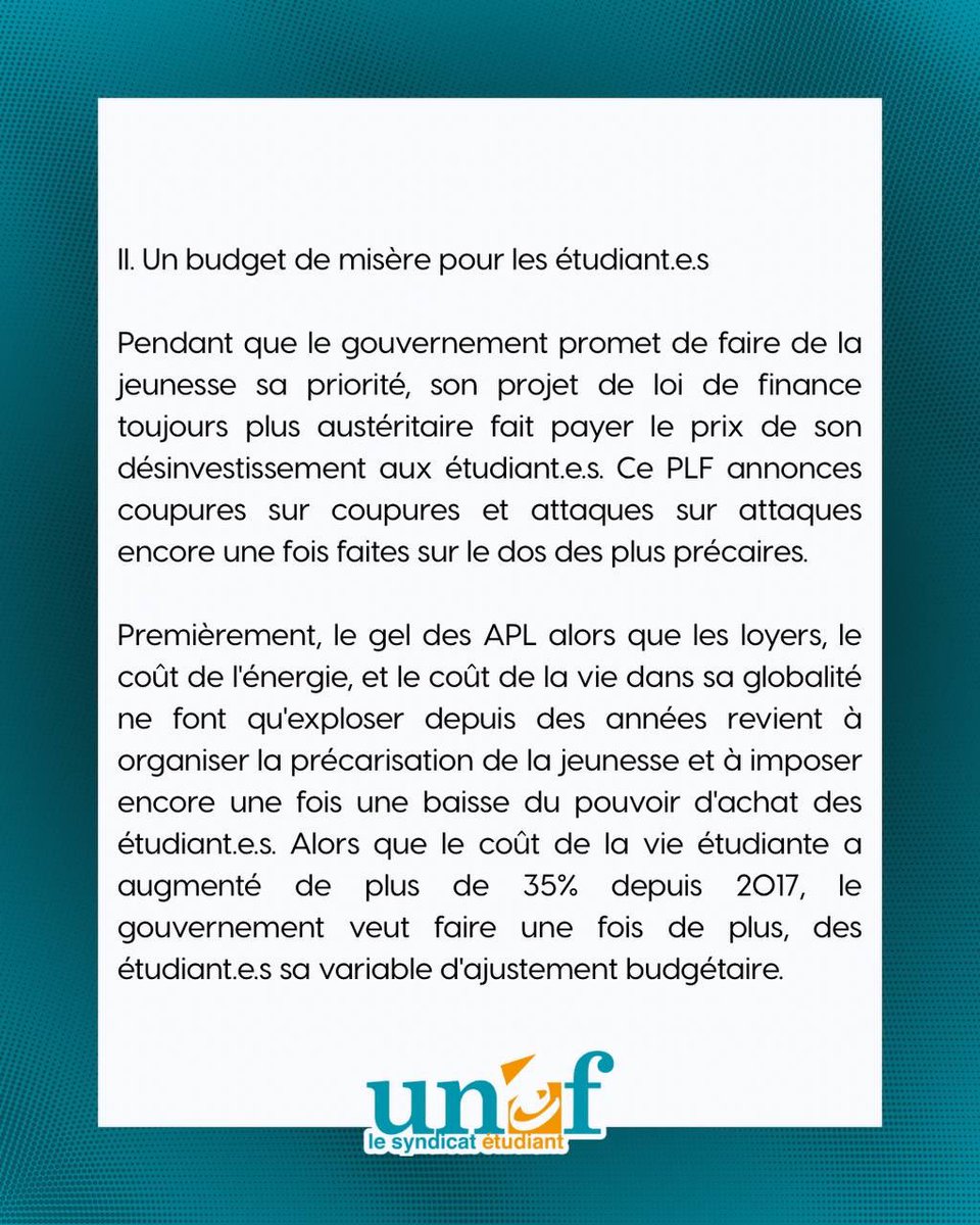 UNEF's tweet photo. Moins 124 millions pour l’enseignement supérieur, des APL gelées, les frais d’inscription en BTS et en prépa : ce budget organise la misère. Les facs et les lycées se mobilisent, et nous ne nous tairons pas. Tou•te•s dans la rue le 6 octobre !
1/2 https://t.co/ckiJvgzGG1