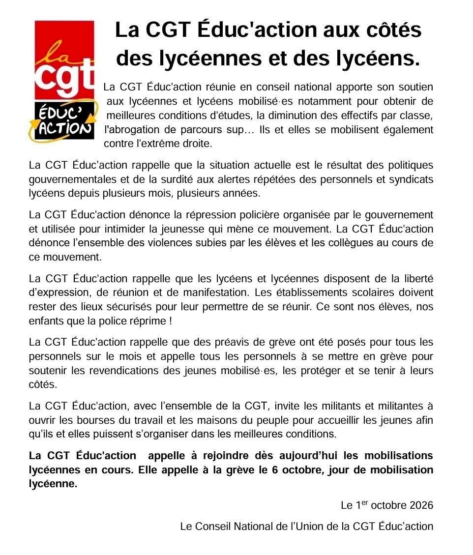 InfosOuvrieres's tweet photo. 🔥🚨FLASH - Les appels syndicaux, locaux et nationaux, à rejoindre les lycéens se multiplient ! Ici les communiqués de la CGT Education, du SNEP, du SNES-FSU et du SNUEP-FSU https://t.co/G7RUR1KOOG