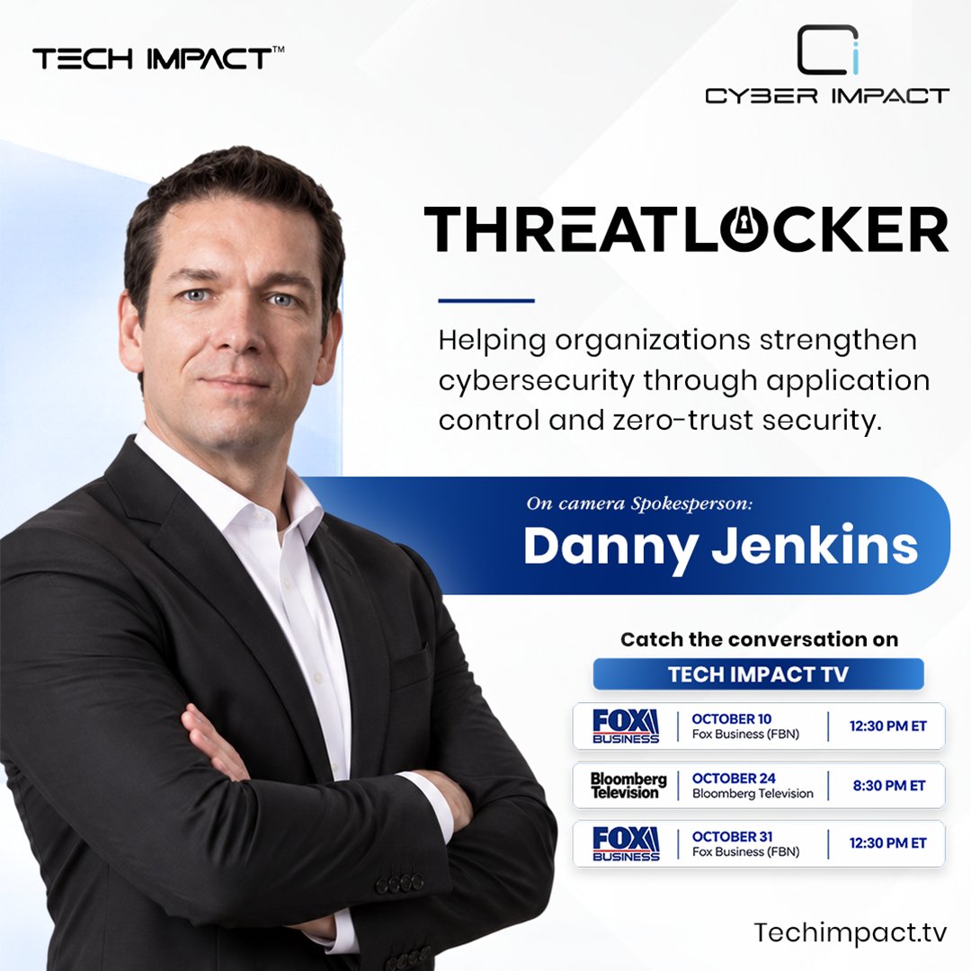 TechImpactTV's tweet photo. On the next Tech Impact TV | CYBER IMPACT, we feature @ThreatLocker , helping organizations strengthen cybersecurity through Application Control + Zero Trust Security.

🎙️ Danny Jenkins
🎤 Hosted by @EvanKirstel

📺 Oct 10 — @FoxBusiness | 12:30 PM ET
📺 Oct 24 — @BloombergTV TV | 8:30 PM ET
📺 Oct 31 — @FoxBusiness | 12:30 PM ET

Stay tuned. ⚡

#TechImpact #CyberImpact #ThreatLocker #Cybersecurity #ZeroTrust