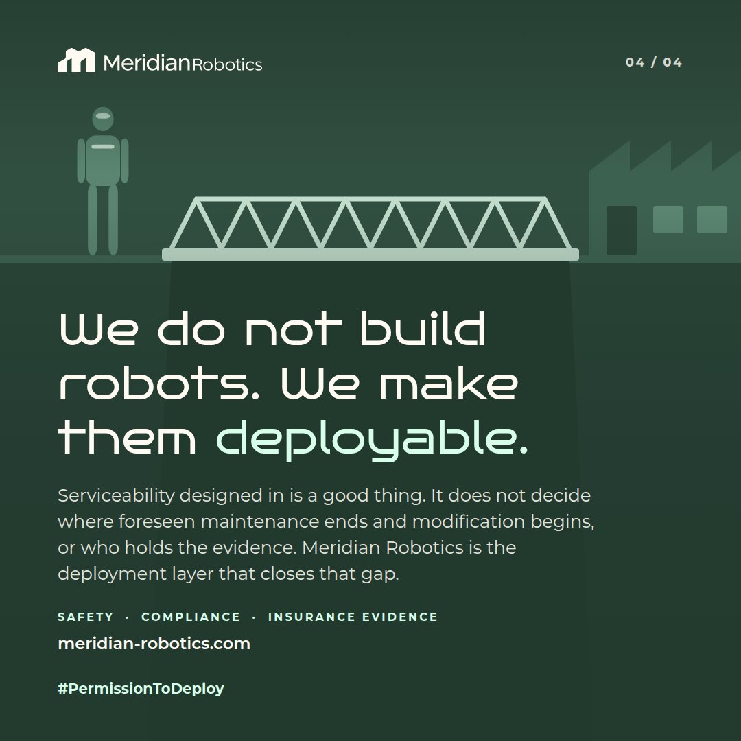 HumanoidPaul's tweet photo. On 24 September, Tokyo-based O-ID announced a $1.2m pre-seed, led by TAWANI Ventures, to move its modular industrial humanoid towards production.

The design point is serviceability: "Every major module comes off and goes back on in about five minutes, on the floor, without tools." Onboard sensors flag parts approaching failure.

The first prototype is a stationary dual-arm robot; the next adds mobility. Factory pilots are targeted for early 2027. 

A machine built to be taken apart on the floor moves an interesting line. Maintenance the manufacturer foresaw is maintenance. A change it did not foresee, creating a new hazard, is a substantial modification - and under the EU machinery rules whoever makes it becomes the manufacturer, with Article 10's obligations. Regulation (EU) 2023/1230 applies from 20 January 2027, months after those pilots start.

For an operator that is practical: which swaps are in the instructions, who is trained to make them, and whose insurance answers.

Designed-in serviceability is not permission to deploy. Meridian Robotics is the layer that closes that gap.

We do not build robots. We make them deployable.

#PermissionToDeploy #HumanoidRobots #Manufacturing #MachinerySafety #Japan 

Sources: 
O-ID, "O-ID raises $1.2M pre-seed to build modular humanoids in Japan", 24 Sep 2026 - https://t.co/PPLsVUTt2Y
https://t.co/wIOKC8FUzi, "Brits in Japan raise $1.2M to put modular humanoid robots to work", 24 Sep 2026 - https://t.co/0pHWsa1ltT
Noerr, "Regulation (EU) 2023/1230 on machinery - a legal regime for machinery in Europe", accessed 28 Sep 2026 - https://t.co/4xiaF9LBsv
European Commission, Machinery, accessed 28 Sep 2026