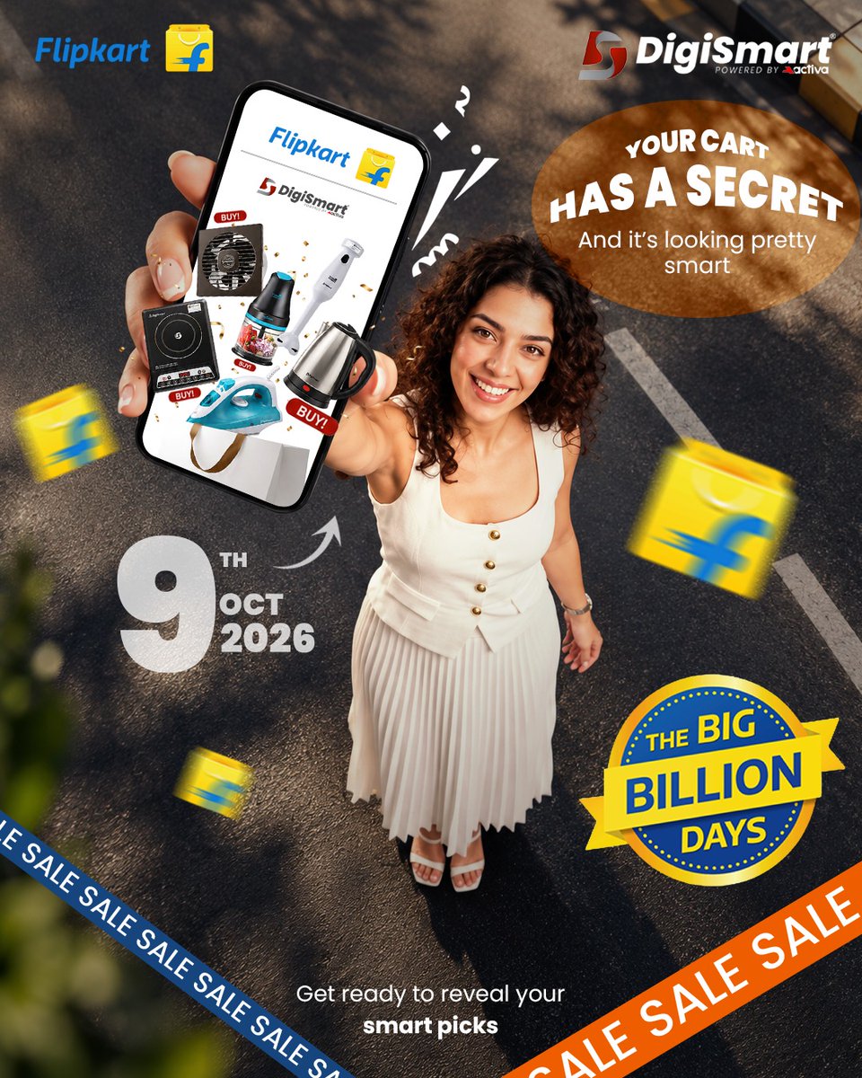 DigiSmartElect's tweet photo. Your cart has a secret… and it’s packed with smart picks! 
The Big Billion Days are here!
From everyday kitchen essentials to smart home must-haves, it’s the perfect time to upgrade your home with DigiSmart. ⚡
📅 Starting 9th October 2026

#DigiSmartLiving #FlipkartSale https://t.co/dN8FmsY5x2