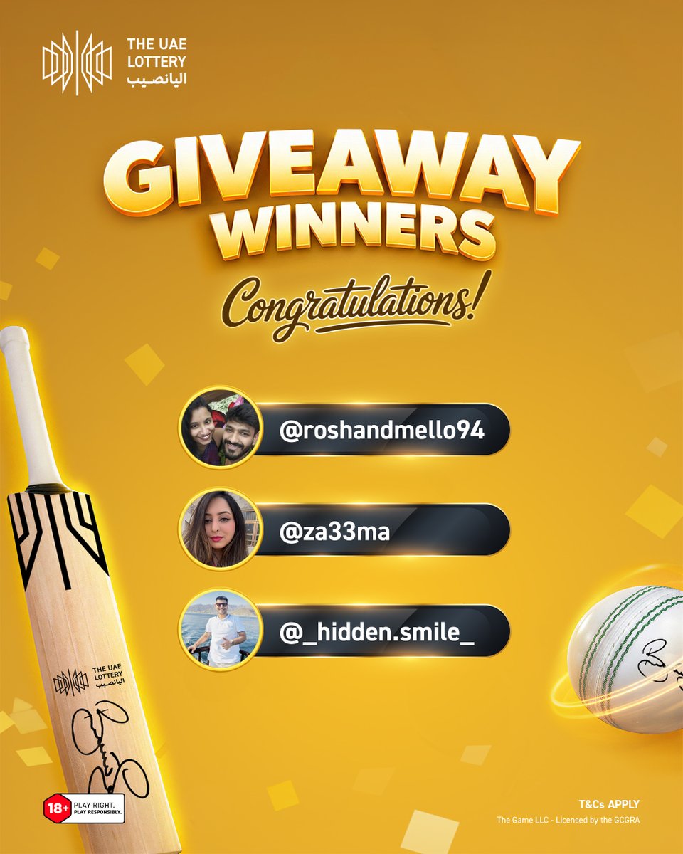theuaelottery's tweet photo. A huge congratulations to the winners of our Brett Lee-signed bat and ball giveaway!

Thank you to everyone who participated, and stay tuned for more exciting giveaways! 🌟
#TheUAELottery #DareToImagine https://t.co/BjJK1dkMzu