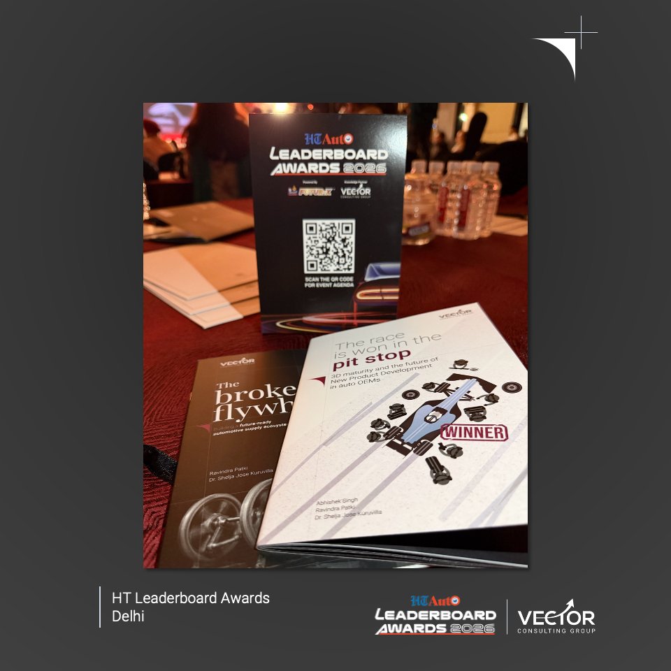 VectorConsultin's tweet photo. HT Auto Leaderboard Awards 2026 brought together conversations around some of the shifts shaping India’s automotive industry, from the growth of electric mobility to the opportunities and challenges across the automotive value chain.

A few snippets from the event. As the Knowledge Partner, we also shared two whitepaper:

The Race Is Won in the Pit Stop: https://t.co/Z33Ji9fRGe

and The Broken Flywheel: https://t.co/9mNVnF5Wqh

The white papers offer solutions on key aspects of the auto industry - NPD and components manufacturing.

Congratulations to the winners of the HT Auto Leadership Awards and, to the @HTAutotweets  team on putting together a successful first edition of the event.

Special thanks to Roudra Bhattacharya, Faryaal Shaikh and Sonal Agarwal for all the support and for making the association a great experience.