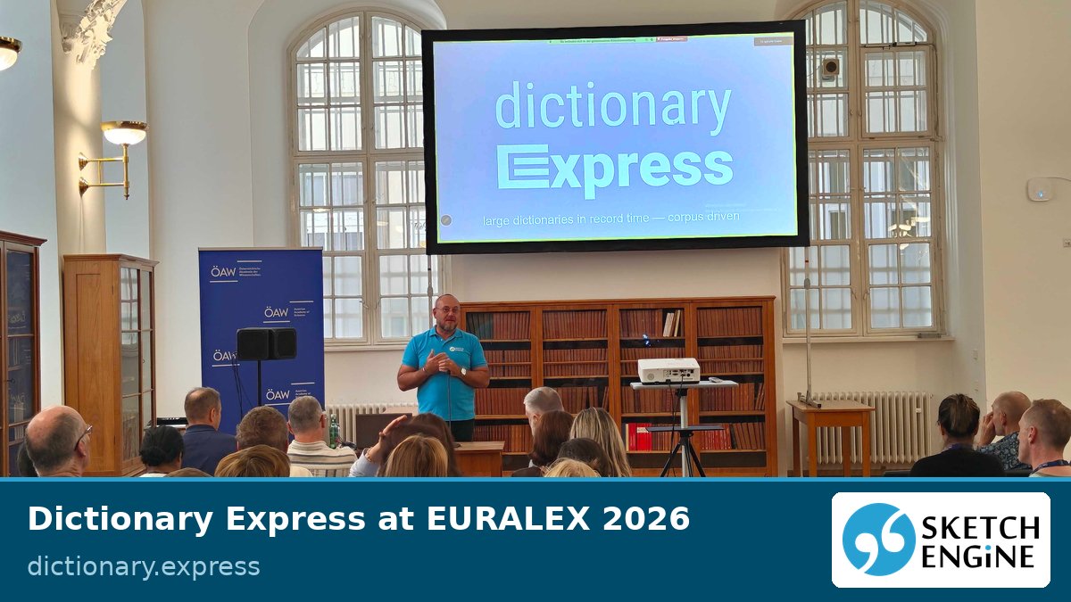 SketchEngine's tweet photo. Lexical Computing builds dictionaries too! At EURALEX 2026, we presented Dictionary Express, helping publishers create and update dictionaries faster.
Find out more:
https://t.co/7hhg8OWLok
#EURALEX2026 #Lexicography https://t.co/FMA60xwWH7