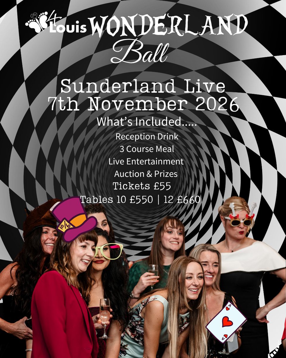 _4Louis's tweet photo. 🐇 Follow the white rabbit to the 4Louis Wonderland Charity Ball!
📅 7 November 2026
📍 Sunderland Live
🎩 Black tie | £55pp
Enjoy dinner, entertainment &amp; dancing while supporting bereaved families 💛
Book: https://t.co/xUJIGaA3hO
#4Louis https://t.co/WDAeabF8oL