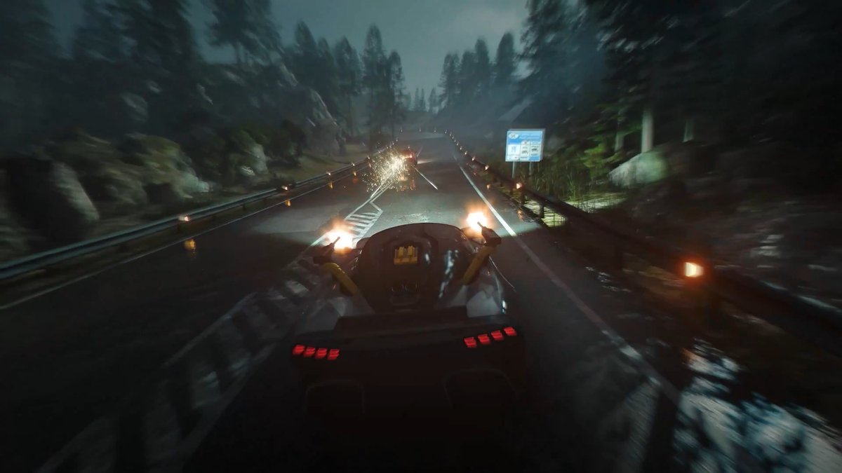 A sleek, futuristic car speeds down a dark forest highway at night with sparks flying from its wheels as it passes an oncoming vehicle.