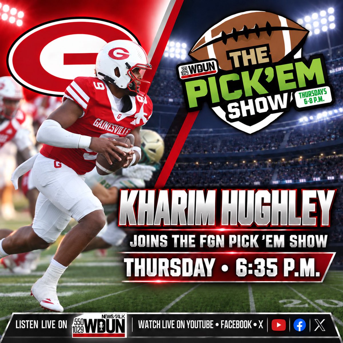 FridayGameNight's tweet photo. ๐จ TONIGHT๐จ
Gainesville quarterback Kharim Hughley joins the Friday Game Night Pick โEm Show tonight at 6:35 p.m.!
๐ง Listen live on WDUN
๐บ Watch live on YouTube, Facebook and X
#FGNPickEmShow #FridayGameNight #GainesvilleFootball #HighSchoolFootball
@OfficialGHSA https://t.co/eaofKjto7j