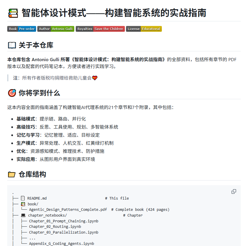 bkdgiffug's tweet photo. 想系统学 Agent，又不知道从哪开始，可以看看这本开源教材 Agentic Design Patterns。

作者是 Google 的 Antonio Gulli，内容覆盖 21 章 + 7 个附录，从基础一路讲到进阶：

① Prompt Chain、路由、反思
② 多 Agent、记忆管理、RAG
③ 安全护栏与 Agent 设计模式
④ 每章都配有可运行的 Jupyter 代码
不是只讲理论，跟着 Notebook 一章章跑，比较容易把概念真正串起来。
另外，项目方表示书籍版税会全部捐给 Save the Children。
🔗 https://t.co/z09GaNFF4F