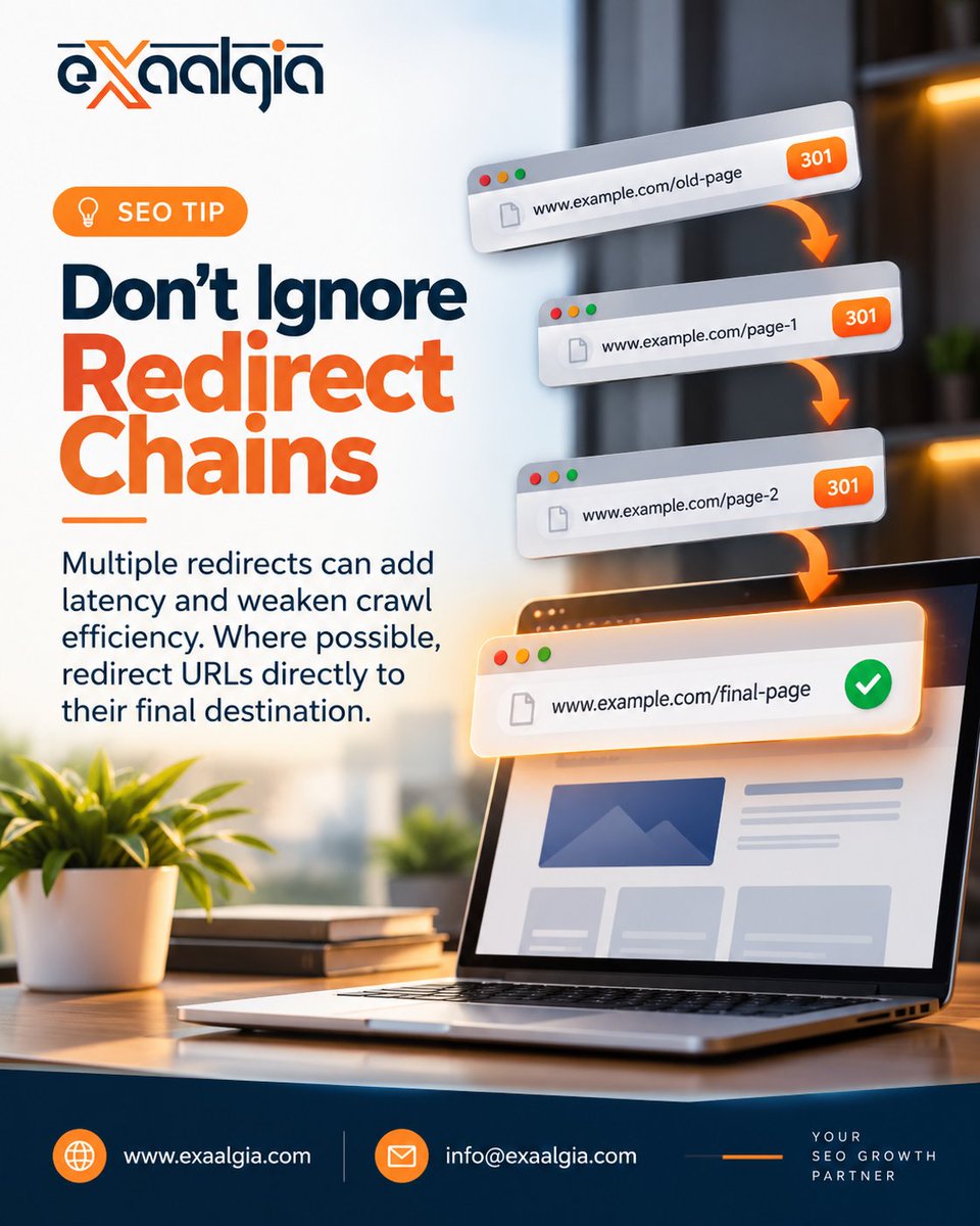 Exaalgia's tweet photo. 🔗 Redirects help, but redirect chains add unnecessary steps for users and crawlers. Keep redirect paths clean and direct to reduce latency and improve crawl efficiency.

👉 Audit redirects. Remove unnecessary hops. Keep your site technically clean.

#Exaalgia #SEO #TechnicalSEO https://t.co/FbbVBbWt5v