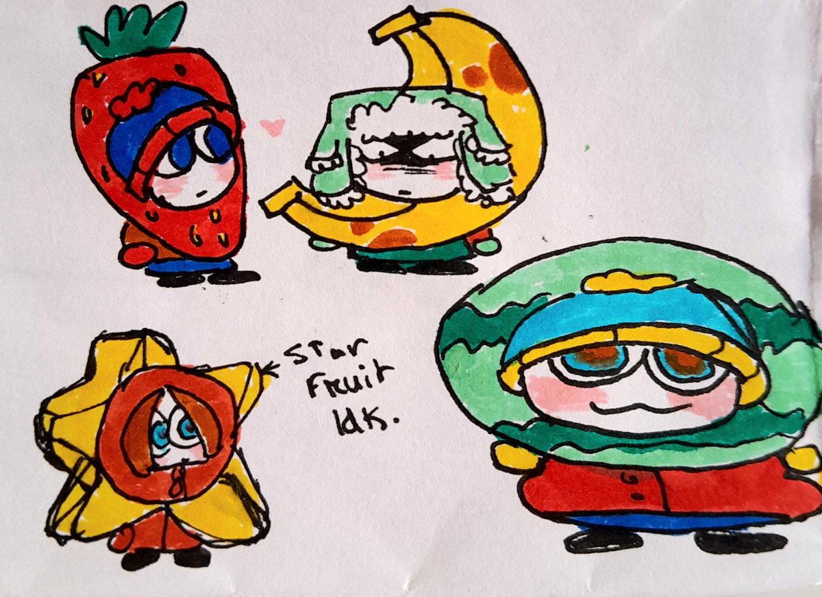 YauYummerz_57's tweet photo. Main 4 as fruits(*^^*), emo stan>.< but I couldn't add more details bc I drew it in a physics class, style sleeping<3
#spstyle #sptwt #southpark https://t.co/sTqjxMo1Z5