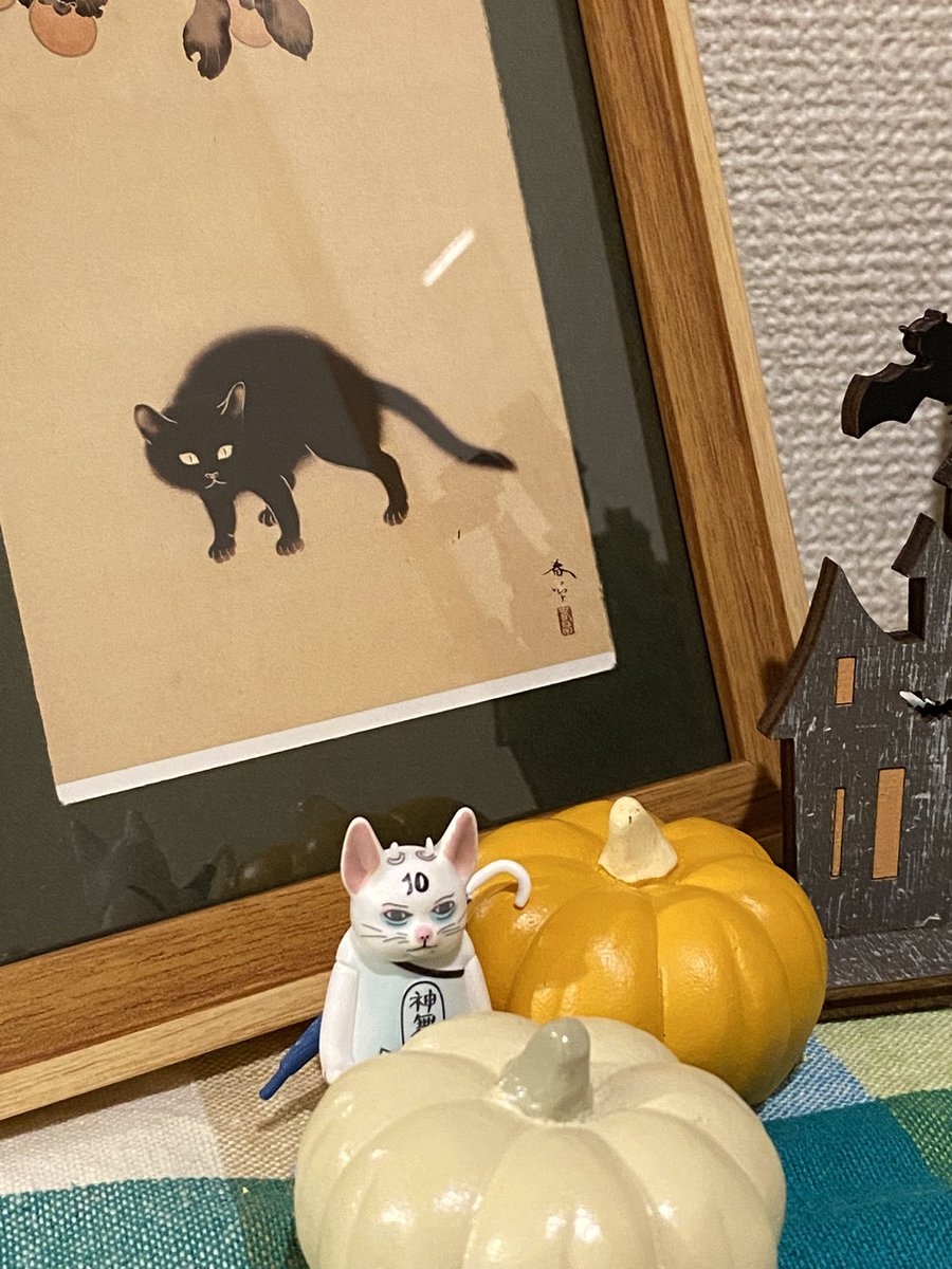 aikmt_2's tweet photo. （途切れてしまったけれど🥲）玄関ポスカ展示替え✨
ハロウィン🎃のキーワードのみで選んだら全然ハロウィンぽさが出ませんでした！
菱田春草の黒猫（黒猫選抜）と小茂田青樹の虫魚画巻より夜露（���蛛の巣選抜）
神無月神様（承前）にもお出ましいただいて。 https://t.co/i2WiDrbf0j