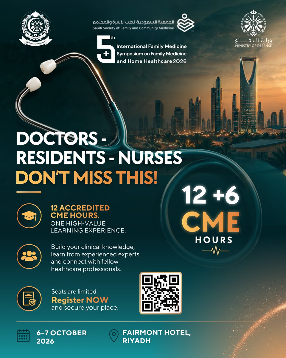 MCIAlRowad's tweet photo. Doctors, residents, nurses: 12 SCFHS-accredited CME hours, 35 speakers and 30 lectures in two days.

Workshops sold out. Conference seats remain.

5th International Family Medicine Symposium
6-7 October | Fairmont Hotel, Riyadh
Register: https://t.co/2DveBJvoHr https://t.co/p6aescyd3K
