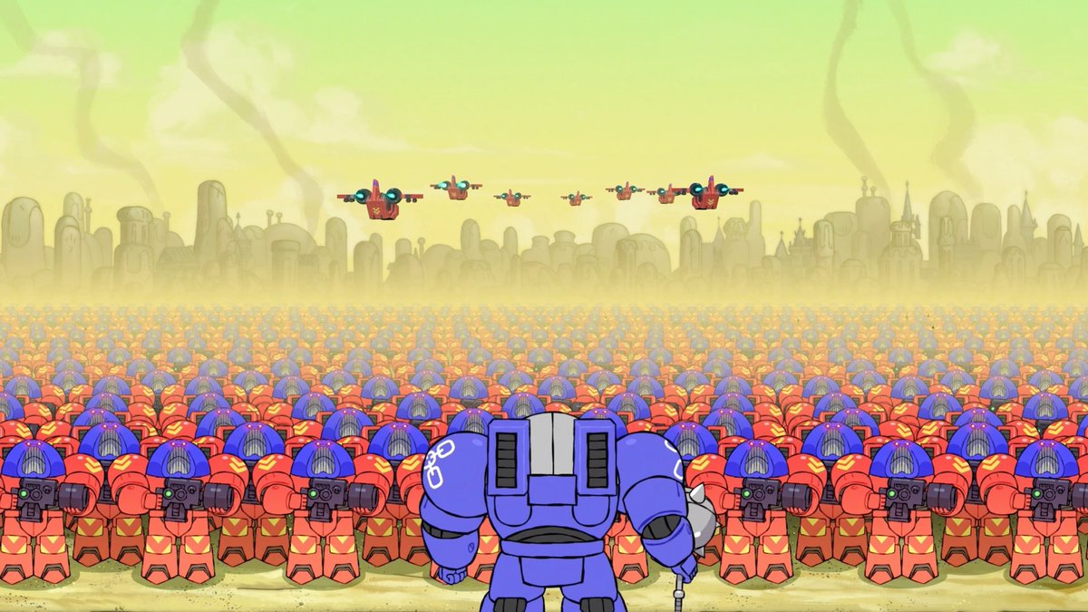 An animated illustration showing a massive army of red and blue Space Marines with a central blue Ultramarine figure facing distant flying vehicles against a futuristic landscape.