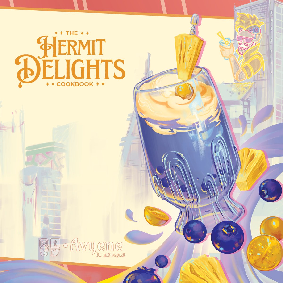 Avyene's tweet photo. The Zine is out and so so SCRUMPTIOUS!!✨
Here are some of my contribs and huge thanks to my chef partner Joifee over on Tumblr !
The Zine is available for free in the quoted tweet (and in thread) :D
#hermitcraft #impulsesv #mumbojumbo https://t.co/3h2lXdbv4y