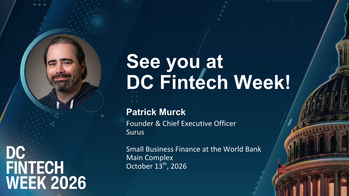Surus_io's tweet photo. @virtuallylaw, will be speaking at @dcfintechweek on Tue Oct 13 on the panel "Beyond the Bank Branch: Fintech, Tokenization, and the Finance Gap for Small Businesses," moderated by @JanPaulick (@BIS_org ). 

See you there. #DCFintechWeek https://t.co/9nPxjn8Fln