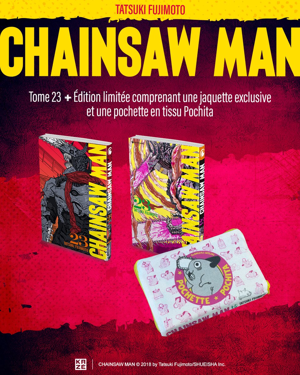 Kazemanga_fr's tweet photo. L’avant-dernier.

RDV le 14 octobre pour la sortie du tome 23 de Chainsaw Man et son édition limitée avec jaquette exclusive et pochette Pochita ✨ https://t.co/nI2C4ztVVV