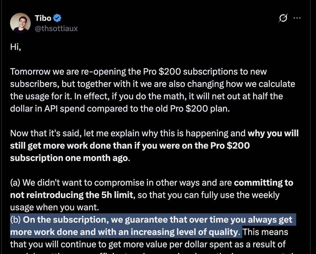 Moriarty_tech's tweet photo. @koltregaskes Relax, it's just @thsottiaux giving us more value. 100 messages instead of 200, but now each one is a collector's item 😁 https://t.co/dVrIInMg4t