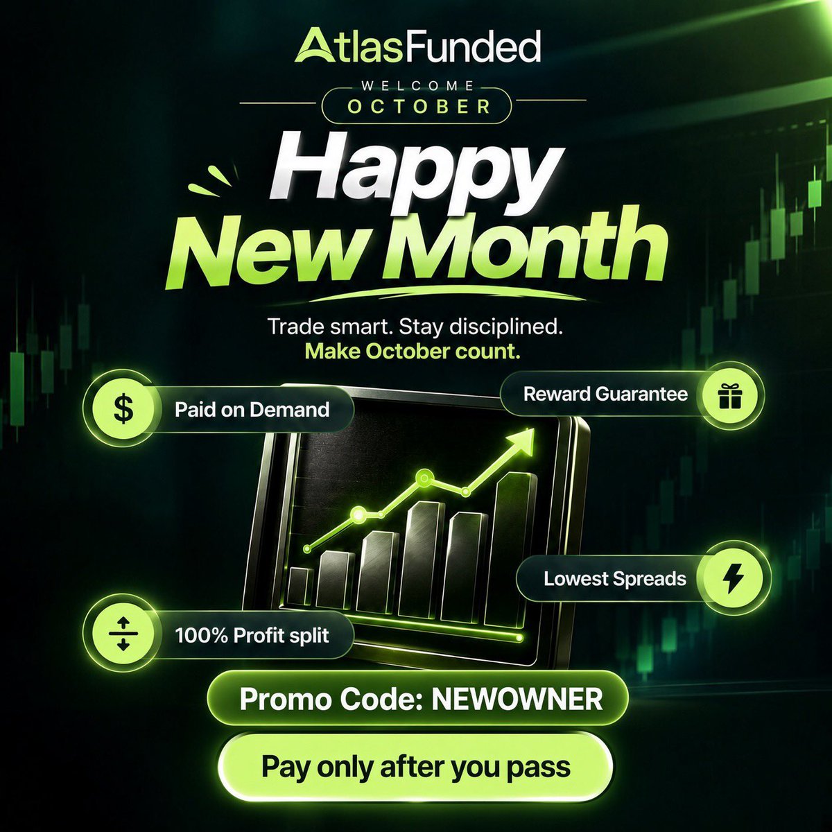 New_owner1's tweet photo. Happy New Month from @atlasfunded
 .Trade smart
. Stay disciplined
. Make October count
.Paid on demand 
· 100% profit split
· Lowest spreads 
· Reward guarantee
.Pay only after you pass
Use code NEWOWNER https://t.co/wsjiNq0eJg