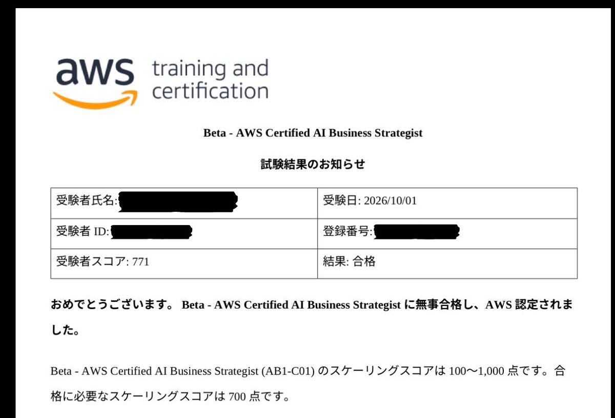itsnakau's tweet photo. AWS Certified AI Business Strategist (AIB-C01)、早速受験して合格しました💮

勉強に使った教材はSkill Builderの20問模擬試験のみ。

途中、脳みそ半分寝ていたけど受かってよかった〜

#AWS認定 https://t.co/O69Nnag8Xq