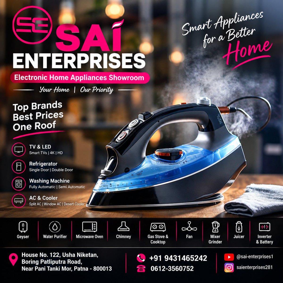 SaiEnt786786's tweet photo. #SaiEnterprises #SaiEnterprisesPatna #PatnaElectronics #Patna #Bihar #ElectronicHomeAppliances #HomeAppliances #ElectronicsShowroom #MultiBrandAC #Voltas #LG #Lloyd #Daikin #Whirlpool #IFB #Kent #Havells #Usha #Bajaj #Kutchina #Symphony #Samsung #Faber #TV #Cooler #Geyser https://t.co/48kAQDIJ4M