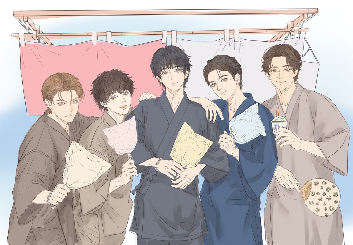 setsuyuusin's tweet photo. #ドラマ25時赤坂で の続編を楽しみにしながら、
ファンミの5ショットを見返していたら、やっぱり5人一緒の姿を絵に残したくなって。
この夏の思い出やファンミの余韻を込めて描いています✍️

線画を整えて、ひとまずベースカラーまで。
この先、夏祭りの夜みたいな色と光にするか迷い中…… https://t.co/OHhiPHS3Ga